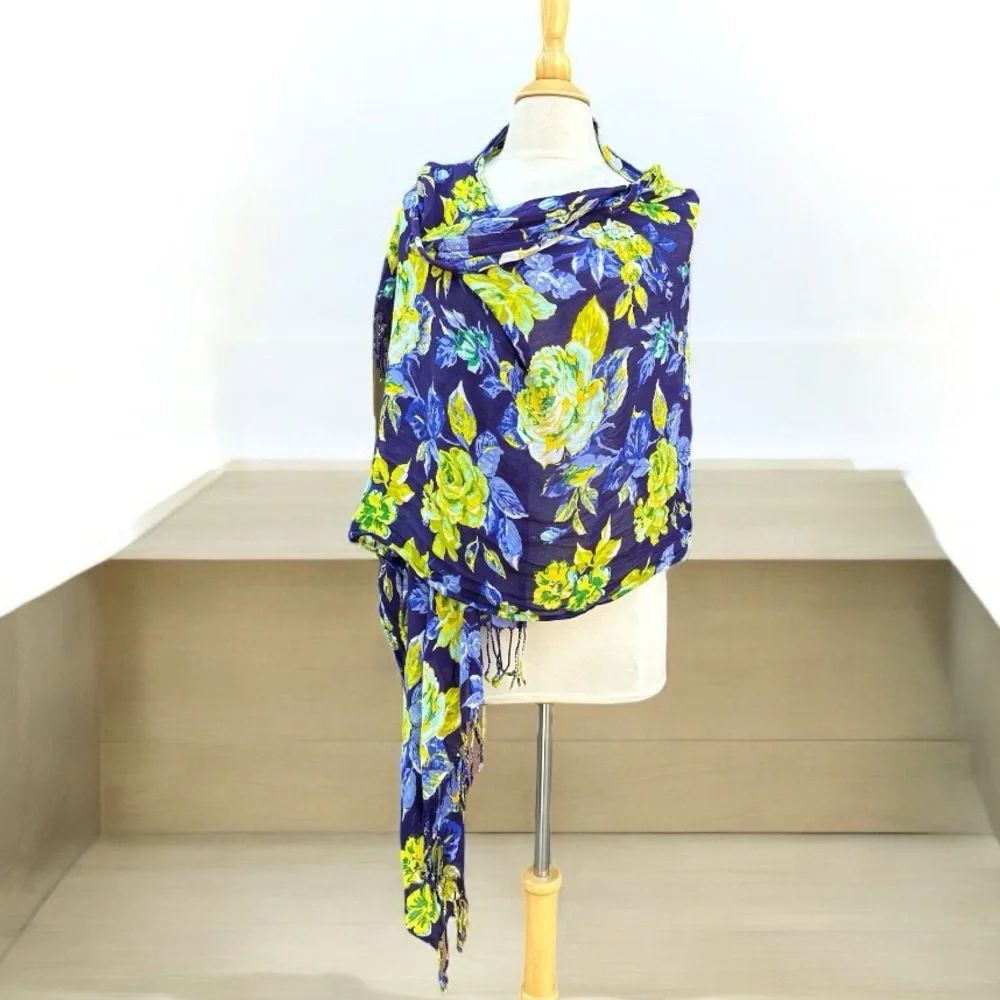 Isaac Mizrahi Blue Yellow Floral Scarf Fringe Wrap Shawl 70x26 OS